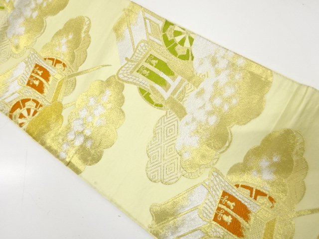 JAPANESE KIMONO / ANTIQUE FUKURO OBI / WOVEN CLOUD & CARRIAGE